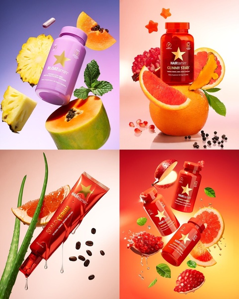 A 2x2 grid featuring various hair supplement products surrounded by floating fresh ingredients, showcasing a vibrant and cohesive brand aesthetic.